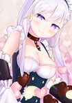  argyle argyle_background azur_lane bad_id bad_pixiv_id bangs belfast_(azur_lane) black_dress black_gloves blue_eyes blush breasts broken broken_chain chain chocolate chocolate_heart cleavage closed_mouth collarbone commentary dress elbow_gloves eyebrows_visible_through_hair gloves hair_between_eyes heart heart_background highres kuma_no_yume looking_at_viewer maid maid_headdress medium_breasts silver_hair smile solo valentine 