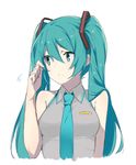  aqua_eyes aqua_hair aqua_neckwear bare_arms bare_shoulders blush breasts closed_mouth collared_shirt fhang grey_shirt hair_between_eyes hair_ribbon hand_up hatsune_miku long_hair looking_away looking_to_the_side lowres medium_breasts necktie nervous no_detached_sleeves ribbon shiny shiny_hair shirt simple_background sleeveless sleeveless_shirt solo twintails upper_body vocaloid white_background wing_collar 