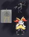  braixen breasts bulge chest_tuft eyewear facial_hair featureless_breasts glasses helixjack human human_only inner_ear_fluff male mammal molding nintendo pok&eacute;mon pok&eacute;mon_(species) red_eyes rubber simple_background solo trapped tuft video_games 
