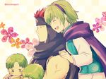  3boys blue_eyes blush brothers cape family father_and_son fire_emblem fire_emblem:_fuuin_no_tsurugi fire_emblem:_rekka_no_ken gloves green_eyes green_hair hairband highres jaffar_(fire_emblem) lleu_(fire_emblem) lugh_(fire_emblem) mother_and_son multiple_boys nino_(fire_emblem) nishimura_(nianiamu) open_mouth purple_hairband red_hair short_hair siblings smile younger 