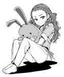  205str barefoot braid commentary crown_braid curly_hair eyebrows forehead full_body greyscale idolmaster idolmaster_cinderella_girls jacket jewelry long_hair looking_at_viewer monochrome necklace pants seki_hiromi shadow shirt simple_background sitting solo stuffed_animal stuffed_bunny stuffed_toy sweatdrop white_background 