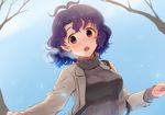  antenna_hair blue_hair breasts brown_eyes coat curly_hair day eyebrows_visible_through_hair idolmaster idolmaster_million_live! kamille_(vcx68) large_breasts looking_at_viewer open_mouth outdoors short_hair solo sweater toyokawa_fuuka tree turtleneck turtleneck_sweater upper_body 