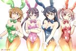  akai_akasaki akebono_(kantai_collection) alternate_costume animal_ears bandaid bandaid_on_face bell black_hair blue_leotard bow bowtie breasts brown_hair brown_legwear bunny bunny_ears bunny_girl bunny_tail bunnysuit cleavage crab detached_collar fake_animal_ears flat_chest flower green_leotard hair_bell hair_bobbles hair_flower hair_ornament jingle_bell kantai_collection leotard long_hair medium_breasts multiple_girls oboro_(kantai_collection) open_mouth pink_eyes pink_hair pink_leotard purple_eyes purple_hair purple_leotard sazanami_(kantai_collection) short_hair side_ponytail small_breasts smile strapless strapless_leotard tail twintails twitter_username ushio_(kantai_collection) very_long_hair wrist_cuffs 