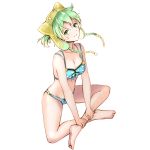  animal_ears animal_hood atelier_(series) atelier_shallie barefoot bikini blue_bikini breasts cat_ears cleavage collarbone dia_(saotoko) fake_animal_ears full_body green_eyes green_hair hair_between_eyes head_tilt highres hood indian_style looking_at_viewer medium_breasts shallotte_elminus short_hair simple_background sitting smile solo swimsuit white_background 