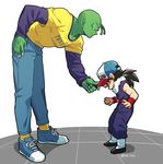  baseball_cap black_hair denim dougi dragon_ball dragon_ball_z fingernails green_skin hal7040 hand_in_pocket hand_on_hip hat height_difference jeans leaning_forward long_fingernails long_sleeves looking_at_another male_focus multiple_boys open_mouth pants piccolo pointy_ears purple_shirt shadow shirt simple_background sleeveless smile socks son_gohan standing twitter_username white_background wristband yellow_shirt 