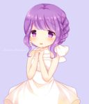  bangs bare_arms bare_shoulders blush bow braid caramel_(caramelmilk) commentary_request copyright_request dress eyebrows_visible_through_hair hair_bow hands_clasped long_hair looking_at_viewer own_hands_together parted_lips purple_background purple_eyes purple_hair sidelocks sleeveless sleeveless_dress smile solo white_bow white_dress 