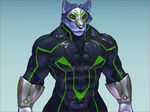  2018 abs anthro big_muscles blue_fur bodysuit canine clothing fur hi_res kemono kitticlub male mammal mask muscular muscular_male skinsuit tight_clothing wolf 