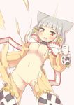  animal_ears armor ass_visible_through_thighs blush bodysuit breasts cat_ears gloves grey_hair hair_ribbon medium_breasts navel naya nipples niyah open_mouth orange_eyes pussy ribbon simple_background solo tearing_up torn_clothes uncensored xenoblade_(series) xenoblade_2 yellow_bodysuit 