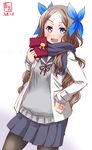  :d alternate_costume artist_logo asakaze_(kantai_collection) blue_bow blue_eyes blue_ribbon blue_skirt blush bow chocolate commentary_request dated forehead gift_bag grey_cardigan hand_on_hip highres jacket kanon_(kurogane_knights) kantai_collection light_brown_hair long_hair long_sleeves looking_at_viewer neckerchief open_mouth pantyhose ribbon sailor_collar scarf shirt skirt smile solo wavy_hair white_jacket white_shirt 