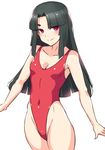  bangs black_hair blunt_bangs breasts covered_navel cowboy_shot hai_(h81908190) highleg highleg_swimsuit looking_at_viewer one-piece_swimsuit original red_eyes red_swimsuit simple_background small_breasts smile solo standing swimsuit thick_eyebrows white_background 