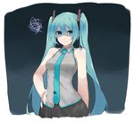  angry aqua_eyes aqua_hair aqua_neckwear arm_at_side bangs bare_arms bare_shoulders black_background black_skirt breasts collared_shirt fhang gradient gradient_background grey_shirt hair_between_eyes hand_on_hip hatsune_miku long_hair looking_at_viewer lowres medium_breasts necktie no_detached_sleeves parted_lips pleated_skirt shaded_face shiny shiny_hair shirt skirt sleeveless sleeveless_shirt solo squiggle twintails upper_body v-shaped_eyebrows very_long_hair vocaloid wing_collar 