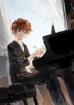  black_pants blazer brown_eyes brown_hair cardcaptor_sakura commentary_request curtains double-breasted grand_piano highres instrument jacket jane_mere li_xiaolang long_sleeves looking_to_the_side male_focus necktie pants parted_lips piano piano_bench school_uniform sitting solo thick_eyebrows tomoeda_middle_school_uniform window 