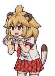  :3 :d ahoge animal_ears argyle argyle_neckwear argyle_skirt bangs blonde_hair breasts brown_eyes claw_pose cowboy_shot eyebrows eyebrows_visible_through_hair fang hair_between_eyes kemono_friends legs_apart lion_(kemono_friends) lion_ears lion_tail looking_away miniskirt open_mouth ouka_(yama) palms pleated_skirt red_skirt shirt short_hair short_sleeves silver_legwear simple_background skirt sleeve_cuffs small_breasts smile solo standing tail tail_raised thighhighs tongue v-shaped_eyebrows white_background white_shirt zettai_ryouiki 