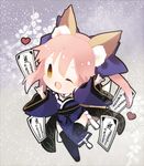  ;d animal_ears bangs black_footwear black_legwear blue_bow blue_kimono blush bow brown_eyes chibi commentary_request fate/grand_order fate_(series) fox_ears fox_girl fox_shadow_puppet fox_tail full_body hair_between_eyes hair_bow head_tilt heart japanese_clothes kimono long_hair long_sleeves looking_at_viewer omikuji one_eye_closed open_mouth pink_hair smile solo standing standing_on_one_leg tail tamamo_(fate)_(all) tamamo_no_mae_(fate) thighhighs twintails wide_sleeves yuzuyomogi 