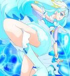  blue_background blue_eyes blue_footwear blue_hair boots cure_ange earrings haruyama_kazunori hugtto!_precure jewelry legs long_hair looking_at_viewer magical_girl precure solo standing standing_on_one_leg yakushiji_saaya 