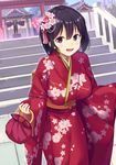  bag black_hair blush breasts day floral_print flower furisode hair_flower hair_ornament handbag japanese_clothes kimono large_breasts looking_at_viewer new_year obi open_mouth original outdoors purple_eyes sash sawada_yuusuke shrine smile solo stairs torii 