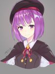  artist_name bangs beret black_cape black_hat blush cape closed_mouth dated eyebrows_visible_through_hair fate/grand_order fate_(series) grey_background hat helena_blavatsky_(fate/grand_order) kuavera looking_at_viewer neckerchief purple_eyes purple_hair red_neckwear red_ribbon ribbon shiny shiny_hair short_hair simple_background smile solo tareme upper_body 