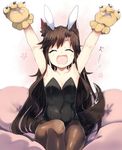  :d ^_^ alternate_costume animal_ears armpits arms_up bare_arms breasts brown_hair bunny_ears bunnysuit closed_eyes collarbone commentary_request covered_navel eyebrows_visible_through_hair fake_animal_ears fang fishnet_pantyhose fishnets gloves imaizumi_kagerou kasuka_(kusuki) long_hair open_mouth pantyhose paw_gloves paws pillow sitting small_breasts smile solo tail touhou translated very_long_hair white_background wolf_ears wolf_tail 