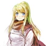  bangs blonde_hair blue_eyes blush coat eyebrows_visible_through_hair fullmetal_alchemist happy long_hair looking_away ponytail scarf simple_background smile solo standing tsukuda0310 white_background winry_rockbell 