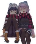  blue_hair boots closed_eyes drooling fur_trim hat kagamihara_nadeshiko leaning_on_person legs_up multiple_girls open_mouth pantyhose pink_hair reinama scarf shared_scarf shima_rin sitting sleeping striped striped_scarf white_background yurucamp 