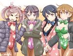  &gt;_&lt; ? akai_akasaki akebono_(kantai_collection) alternate_costume angry bandaid bandaid_on_face bell black_hair blue_leotard blush bow bowtie breasts brown_hair brown_legwear bunny cleavage crab detached_collar down_jacket flat_chest flower green_leotard hair_bell hair_bobbles hair_flower hair_ornament jacket jingle_bell kantai_collection leotard long_hair medium_breasts multiple_girls oboro_(kantai_collection) open_mouth pink_eyes pink_hair pink_leotard playboy_bunny_leotard purple_leotard sazanami_(kantai_collection) short_hair side_ponytail small_breasts sweatdrop twintails ushio_(kantai_collection) 