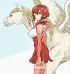  blush fire_emblem fire_emblem:_monshou_no_nazo gloves headband horse looking_at_viewer minerva_(fire_emblem) miniskirt pegasus pegasus_knight red_eyes red_hair short_hair skirt solo tnmrdgr younger 