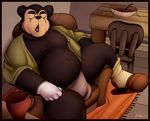  2018 anthro bear belly big_belly bowl bulge clothed clothing digital_media_(artwork) eyes_closed food fork jwolfsky male mammal meme navel overweight overweight_male papa_bear pasta sleeping somebody_toucha_my_spaghet spaghetti spreading terrytoons 