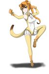  animal_ears bare_shoulders bracelet elbow_gloves eyebrows_visible_through_hair fighting_stance frilled_leotard frills gloves golden_snub-nosed_monkey_(kemono_friends) highres jewelry kemono_friends leotard long_hair monkey_ears monkey_tail multicolored_hair smile solo standing standing_on_one_leg tail thighhighs user_rrrm2784 v-shaped_eyebrows 