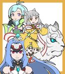  android animal animal_ears bangs blue_hair blunt_bangs bodysuit byakko_(xenoblade) cat_ears cyborg elbow_gloves expressionless eyebrows forehead_protector gloves hood hotaru_(xenoblade) kos-mos kos-mos_re: long_hair looking_at_viewer n_txin niyah otoko_no_ko red_eyes ribbon short_hair silver_hair smile tiger very_long_hair xenoblade_(series) xenoblade_2 xenosaga yellow_bodysuit yellow_eyes 