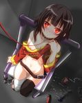  bags_under_eyes bdsm belt black_hair blush bondage bound breasts brown_hair chain chair collar cuffs fumihiro glowing glowing_eyes highres kono_subarashii_sekai_ni_shukufuku_wo! leash looking_at_viewer megumin nipples pussy_juice red_eyes sitting small_breasts smile solo vibrator 