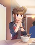  blue_scrunchie blurry blush bowl brown_hair chopsticks depth_of_field drill_hair eyebrows_visible_through_hair holding holding_chopsticks idolmaster idolmaster_million_live! kamille_(vcx68) looking_at_viewer out_of_frame parted_lips purple_eyes scrunchie short_hair side_drill smile solo_focus spoon table teeth upper_body yokoyama_nao 
