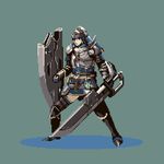  alloy_(armor) armor armored_boots belt blue_eyes blue_hair boots breastplate charge_blade chibi_inu closed_mouth commentary_request full_body gauntlets helmet holding holding_shield holding_sword holding_weapon insect_cage knight long_hair looking_afar lowres metal monster_hunter monster_hunter:_world pixel_art shield solo standing sword thighhighs weapon zettai_ryouiki 
