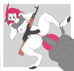  2018 abs absurd_res anthro assault_rifle black_claws black_eyebrows black_markings black_nose black_pawpads border breasts canine claws clothed clothing clothing_lift digital_media_(artwork) duo erection eyebrow_piercing eyebrows faceless_male facial_markings facial_piercing female female_focus fur glans grey_clothing grey_fur grey_penis grey_shirt grey_topwear gun hair heterochromia hi_res humanoid_penis imminent_sex long_hair lotusshade lying male male/female mammal markings muscular muscular_male nipples on_back panties panties_around_one_leg partially_clothed pawpads paws penis piercing pink_hair pink_nipples pink_pussy pink_tail pussy ranged_weapon rifle shirt shirt_lift solo_focus tank_top toe_claws underwear underwear_around_one_leg weapon white_border white_claws white_fur wolf 