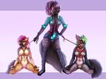  2018 5_fingers anthro areola balls black_nose blue_penis breasts canine chain collar dickgirl digital_media_(artwork) dog female green_hair group hair harness intersex kneeling knot leash mammal mifa navel nipples penis pink_hair purple_hair pussy simple_background standing wide_hips 