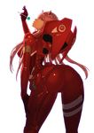  aqua_eyes arched_back ass backlighting bad_anatomy bent_over bodysuit breasts candy commentary_request darling_in_the_franxx eyebrows_visible_through_hair food from_behind hairband highres horns lips lollipop long_hair looking_at_viewer looking_back medium_breasts parted_lips pilot_suit pink_hair red red_bodysuit shiny shiny_hair simple_background skin_tight solo standing white_background yoshimura_ken'ichirou zero_two_(darling_in_the_franxx) 
