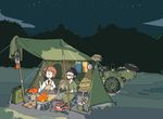  1girl backpack bag black_hair blush bmw_r75 campfire canteen coat coat_removed glasses goggles goggles_on_headwear grill ground_vehicle headwear_removed helmet helmet_removed highres jerry_can lantern military military_uniform motor_vehicle motorcycle night night_sky orange_hair original polyester_putty ribbon sky tent toolbox uniform 