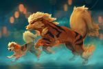  2018 arcanine black_nose blonde_hair digital_media_(artwork) duo feral fire fur hair nintendo open_mouth orange_fur paws pok&eacute;mon pok&eacute;mon_(species) standing tamberella teeth tongue video_games 