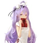  azur_lane bangs box breasts bun_cover china_dress chinese_clothes commentary_request covered_mouth dress gift gift_box hair_between_eyes hair_bun higandgk highres holding holding_gift long_hair looking_at_viewer on_head one_side_up purple_eyes purple_hair short_sleeves side_bun simple_background small_breasts solo stuffed_animal stuffed_toy stuffed_unicorn unicorn_(azur_lane) very_long_hair white_background white_dress 