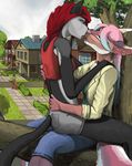  2018 5_fingers anthro breasts canine clothed clothing digital_drawing_(artwork) digital_media_(artwork) duo feline female female/female fingerprint_(artist) fox hair kissing long_hair mammal on_lap red_hair sitting_on_lap straddling tongue tree 