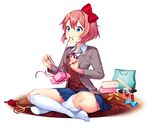  bag bangs blazer blue_bow blue_eyes blue_skirt blush bow box brown_hair closed_mouth collared_shirt commentary doki_doki_literature_club eyebrows_visible_through_hair full_body gift gift_box grey_jacket hair_bow indian_style jacket kneehighs long_sleeves looking_away looking_to_the_side mouth_hold neck_ribbon no_shoes official_art orange_bow pleated_skirt red_bow ribbon satchely sayori_(doki_doki_literature_club) school_uniform scissors shirt short_hair sitting sitting_on_floor skirt smile socks solo tape tying valentine vest white_background white_legwear white_shirt wing_collar yarn yarn_ball 
