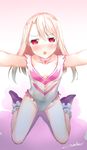  absurdres angel_leotard blonde_hair blush breasts choker colored_eyelashes dragon_quest dragon_quest_v fate/kaleid_liner_prisma_illya fate/stay_night fate_(series) flat_chest gradient gradient_background highres illyasviel_von_einzbern incoming_kiss leaning_forward leotard long_hair looking_at_viewer open_mouth outstretched_arms overlord_(overlord80000) pink_background print_leotard purple_footwear red_eyes signature small_breasts solo white_choker white_leotard 