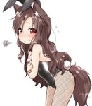  animal_ears bare_shoulders black_legwear black_leotard blush brown_hair bunny_ears bunny_tail bunnysuit covering covering_breasts crossed_arms embarrassed fake_animal_ears fishnet_pantyhose fishnets from_side imaizumi_kagerou leaning_forward leotard long_hair natsu_no_koucha pantyhose red_eyes simple_background solo strapless strapless_leotard tail touhou white_background wolf_ears wolf_tail 