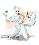  2018 5_fingers amaterasu anthro areola bedroom_eyes big_breasts breasts brush canine casual_nudity deity demalyxdragon erect_nipples female fur half-closed_eyes holding_object issun kneeling looking_at_viewer mammal markings midriff navel nipples nude pussy red_markings seductive simple_background smile video_games white_fur wolf ōkami 