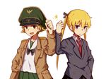  alice_(openhexagon) black_ribbon black_skirt blonde_hair blue_eyes blush brown_eyes crossover erwin_(girls_und_panzer) eyebrows_visible_through_hair girls_und_panzer green_skirt hand_in_pocket kill_me_baby long_hair long_sleeves looking_at_viewer multiple_girls necktie ooarai_school_uniform open_mouth parted_lips red_neckwear ribbon short_hair skirt smile sonya_(kill_me_baby) star twintails 