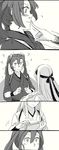  ? blood blood_on_face blush closed_mouth comic greyscale hair_ribbon headband highres holding holding_paper indoors japanese_clothes kantai_collection kimono monochrome multiple_girls paper remodel_(kantai_collection) ribbon shoukaku_(kantai_collection) smile sweat tasuki twintails wavy_mouth weidashming zuikaku_(kantai_collection) 