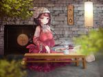  barefoot blurry breasts brown_hair cathayan commentary_request depth_of_field dress hourglass large_breasts long_hair looking_at_viewer official_art on_floor original red_dress red_eyes sitting solo table wooden_table 