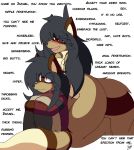  amber_eyes anthro artesderatzyu biped black_hair black_nose blood blush breasts brown_ears brown_fur brown_tail clothed clothing crossgender dialogue duo english_text eyelashes female fluffy fluffy_tail fully_clothed fur hair half-closed_eyes israel_(artesderatzyu) kneeling long_hair male mammal multicolored_fur nosebleed nude open_mouth open_smile pants procyonid raccoon simple_background sitting smile suggestive sweater tan_fur tan_tail text text_background two_tone_tail white_background 