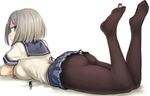  ass black_legwear blue_eyes breasts crossed_arms fairy_(kantai_collection) feet_up green_hair hair_ornament hairclip hamakaze_(kantai_collection) kantai_collection large_breasts looking_back lying minigirl multiple_girls no_shoes on_stomach panties panties_under_pantyhose pantyhose plantar_flexion purple_hair school_uniform serafuku short_hair short_sleeves silver_hair simple_background size_difference solo_focus underwear utopia white_background 