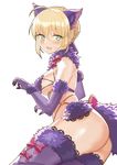  ahoge animal_ears artoria_pendragon_(all) ass blonde_hair blush bow braid breasts cosplay crown_braid dangerous_beast elbow_gloves eyebrows_visible_through_hair fang fate/grand_order fate_(series) gloves green_eyes hair_between_eyes hair_bun hair_ribbon highres lace lace-trimmed_thighhighs lace_trim mash_kyrielight mash_kyrielight_(cosplay) medium_breasts mr_cloud o-ring open_mouth purple_gloves purple_legwear ribbon saber short_hair sideboob simple_background solo tail thighhighs white_background 
