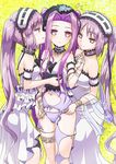 bangs black_bow bow breasts choker closed_mouth collarbone commentary_request dress euryale eyebrows_visible_through_hair fate/grand_order fate/hollow_ataraxia fate_(series) flying_sweatdrops frilled_choker frills girl_sandwich hairband highres holding_hands interlocked_fingers jewelry lolita_hairband long_hair medusa_(lancer)_(fate) multiple_girls navel panties parted_lips pink_choker pink_eyes profile purple_eyes purple_hair purple_panties rider ring robisonjr sandwiched siblings sisters small_breasts smile stheno strapless strapless_dress twintails underwear very_long_hair white_dress yuri 